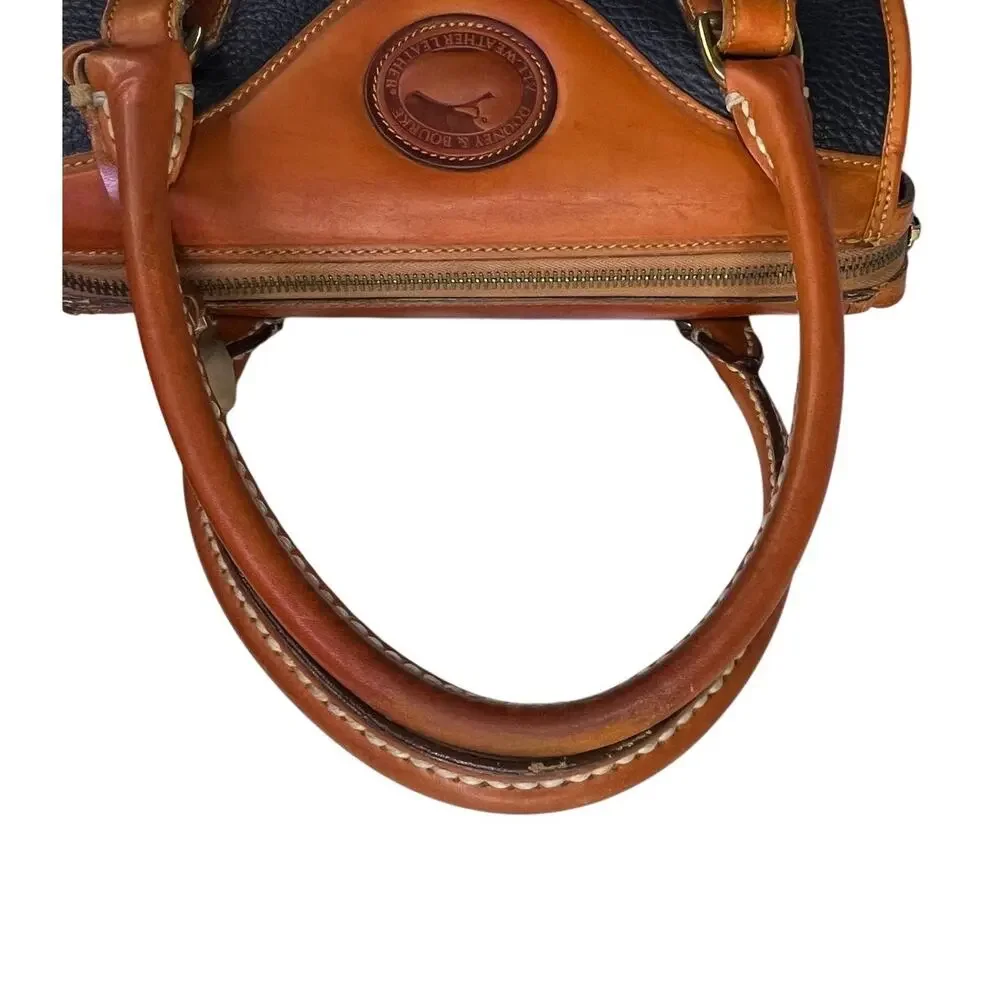 Vintage Dooney & Bourke AWL Navy British Tan Leather Barrel Satchel USA